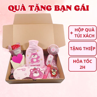 Set hộp quà tặng phụ kiện cute dành cho bạn gái, hộp quà tặng tinh tế túi chườm bụng kinh hình gấu dâu