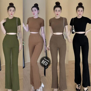 Set bộ áo crop top tay ngắn kèm quần dài ống loe chất thun gân xương cá co giãn chính phẩm