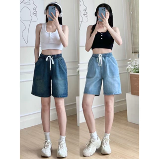 Quần short jean nữ lưng cao ống rộng, quần sọt lưng chun  dây rút co giãn có 2 màu xinh xắn