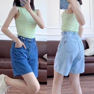 Quần short jean lưng cao,quần bò ngố ống rộng có đai chĩnh eo xinh xắn