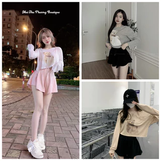 Set Bộ Đồ Nữ Áo Croptop Tay Dài Mix Quần Sooc Đùi Quần Váy 2 Lớp Freesize Mẫu GAU3MAU. TP112