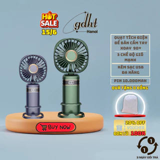 Quạt mini cầm tay tích điện có thể gấp gọn 5 tốc độ gió xoay linh hoạt 90 độ có dây đeo cổ pin lớn 10.000mAh