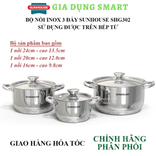 Bộ 3 nồi inox 3 đáy Sunhouse SHG302 (16cm/20cm/24cm) - Sử dụng bếp từ