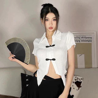 Áo kiểu Croptop lai nhọn cổ bẻ cúc tàu cuốn hút A119