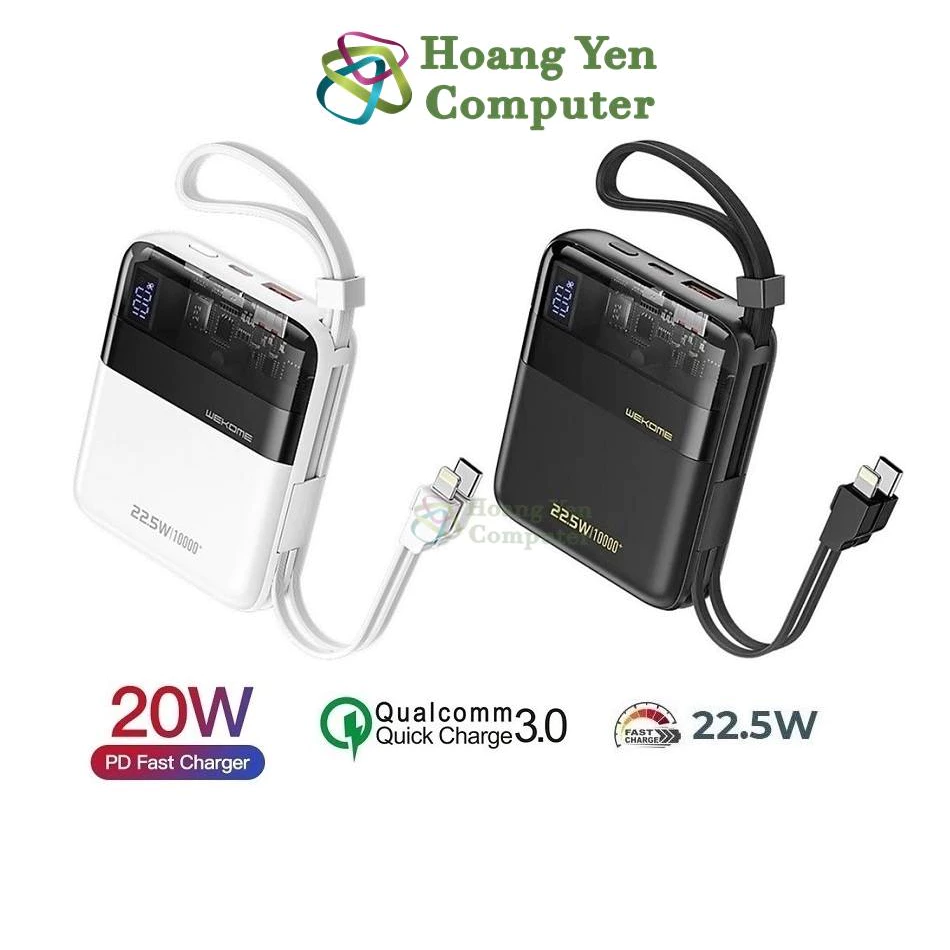 Sạc Dự Phòng Wekome WP-309 10000mAh (Sạc Nhanh PD20W, QC3.0 18W, VOOC 22.5W, Tích Hợp Cáp Sạc) - BH 1 Năm