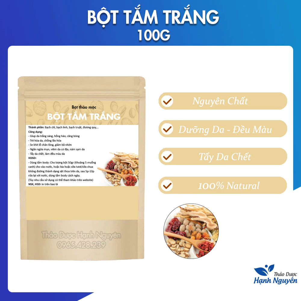 Bột tắm trắng thảo mộc nguyên chất 100g ( Dưỡng da, trắng da) - Thảo dược hạnh nguyên