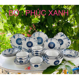 Bộ Tô-Đĩa-Chén Bát Sứ Hoạ Tiết SaLa Phúc Xanh Kiểu Đáng Nhật Bản