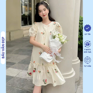 [Freesize V249] Váy Bầu Công Sở Mùa Hè Cổ Tàu Phối Hoa Nhí Điệu Đà - Đầm Bầu Babydoll Dáng Suông Đuôi Cá Cực Xinh