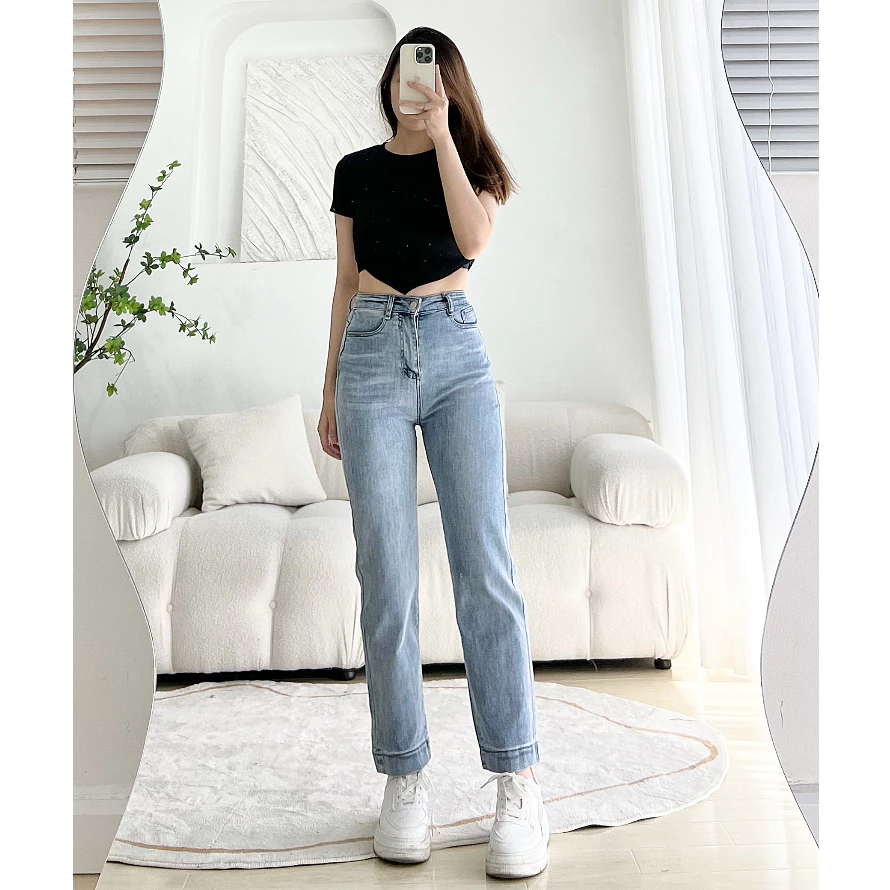 Quần Jean Ống Đứng GẤP LAI Co Dãn - Quần Bò Nữ Nấm Lùn Form Đứng Co Dãn Cạp Cao Xanh Đậm Nhạt Đen Xám Leda JD01