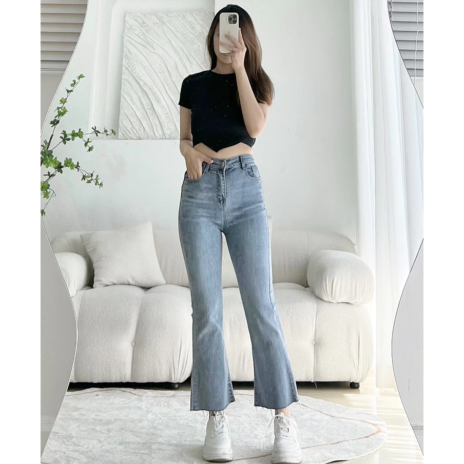 Quần Jean Ống Loe 9 Tấc (dài 88cm) Co Dãn Lưng Cao Leda Quần Bò Nấm Lùn 1m5 Quần Rin 9 Tấc JL01