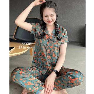 [SP18 xanh] Đồ ngủ nữ Bộ Đồ Mặc Nhà Nữ Bộ pijama lụa satin Cao Cấp mềm mát cộc tay dài tay - THE SUN