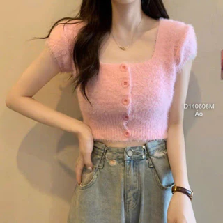 Áo len lông form croptop phối nút cổ vuông tay con!