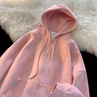 Áo Hoodie nữ zip unisex, khoác bomber nỉ, mũ áo 2 lớp, thân 1 lớp phong cách Hàn Quốc, thiêu chữ C