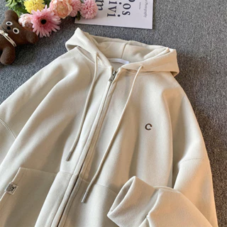 Áo Hoodie nữ zip unisex, khoác bomber nỉ bông, mũ áo 2 lớp, thân 1 lớp phong cách Hàn Quốc, thiêu chữ C