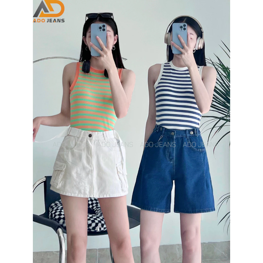 Áo thun nữ croptop sát nách, vải kẻ sọc co giãn 4 chiều cao cấp ADO JEANS (Mã:CT1608)