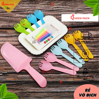 SET Phụ Kiện Ăn Bánh Kem - Combo 10 Đĩa Giấy, 10 Dĩa ,1 Dao, 10 Nến Dùng 1 Lần Cao Cấp