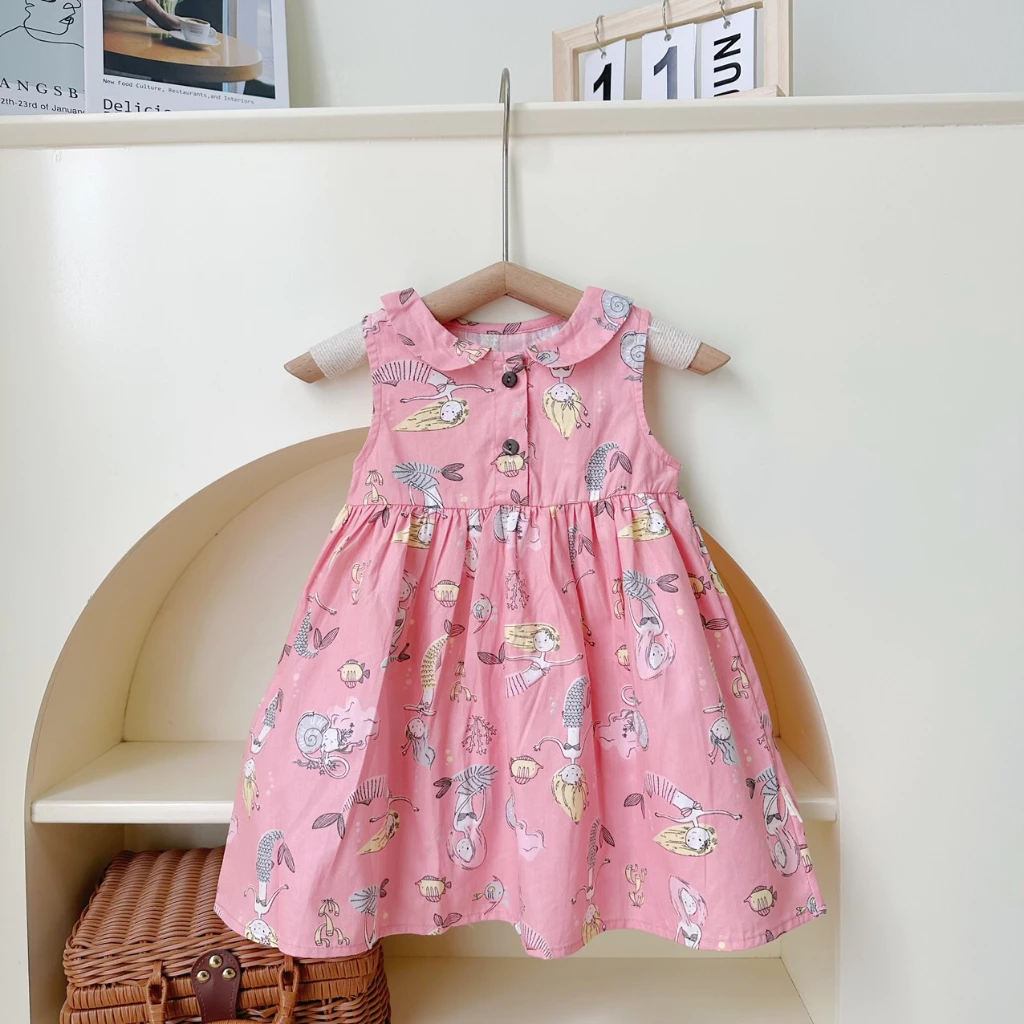 Váy sát nách cổ sen cho bé gái vải thô mềm, thoáng mát, họa tiết dễ thương size từ 8 - 18 kg