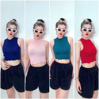 Áo sát nách croptop ôm cổ lọ thun bo gân len 4 màu