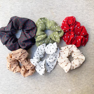 Scrunchies cột buộc tóc vải hoạ tiết chấm bi, vải voan, voan 2 lớp cầu vồng chấm bi, kim tuyến năng động dễ thương