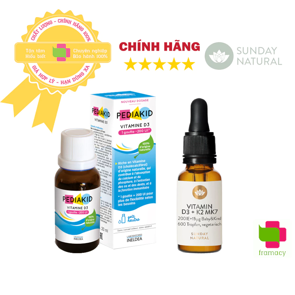 Vitamin (20ml) D3 K2 MK7 Sunday Natural, Đức tăng hấp thu canxi vào xương, răng cho trẻ từ sơ sinh đến 4 tuổi