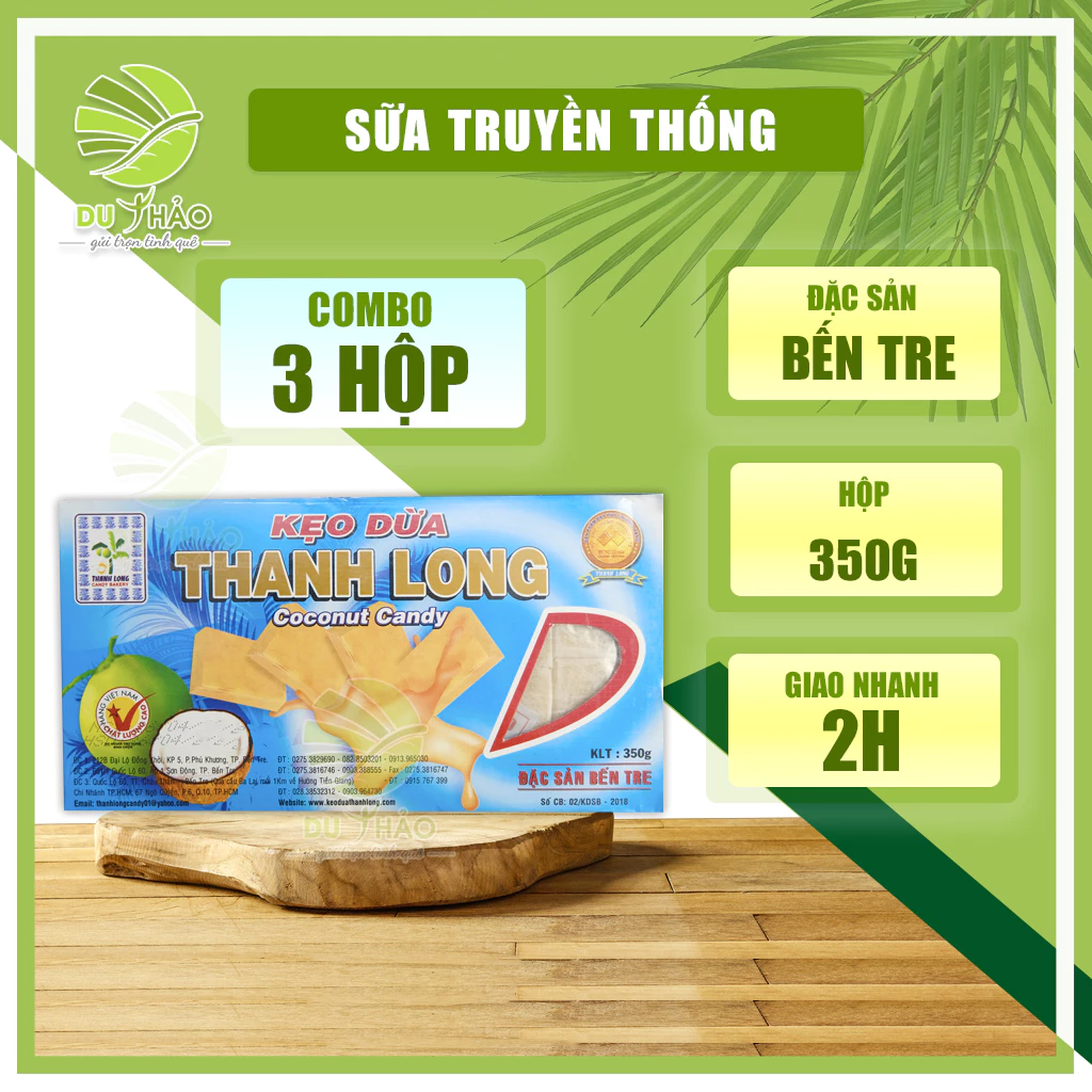 Combo 3 hộp kẹo dừa nguyên chất Thanh Long 300gr, kẹo dừa Bến Tre chính gốc