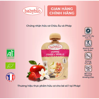 Trái cây nghiền hữu cơ cho bé vị dâu, táo, vani Babybio 90g (≥ 6 tháng)