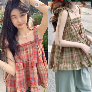 Áo dây babydoll vải kẻ KATE dáng xuông chun nhún ôm ngực A132