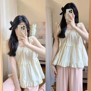 Áo Hai dây Bánh bèo dáng Babydoll dáng xoè Thắt nơ mặc đi chơi đi du lịch