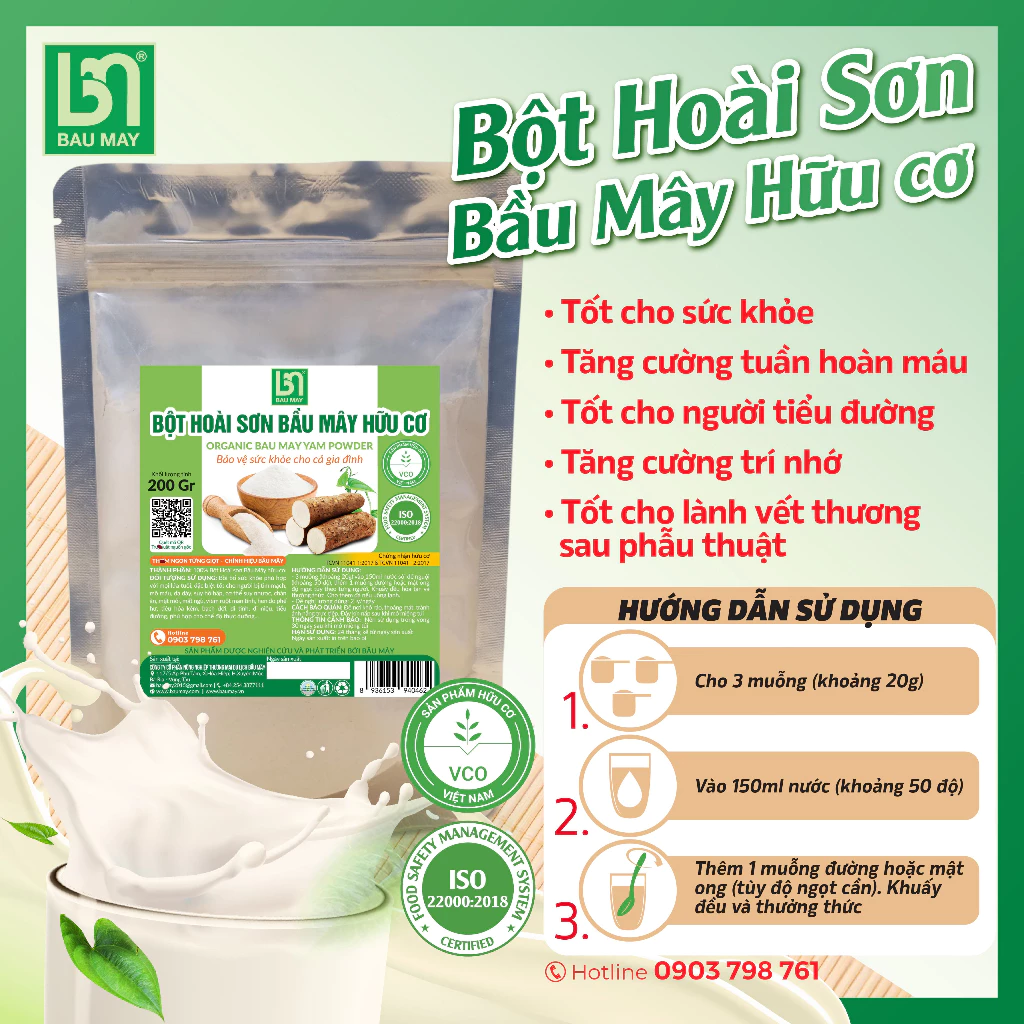 Bột Hoài sơn Hữu Cơ Bầu Mây - Giúp tăng sức đề kháng, nâng cao miễn dịch, hỗ trợ tiêu hóa, người bị tiểu đường, ngủ ngon