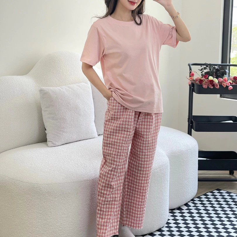 Quần dài caro nữ lưng thun nữ dáng baggy chất đũi dáng dài Menina