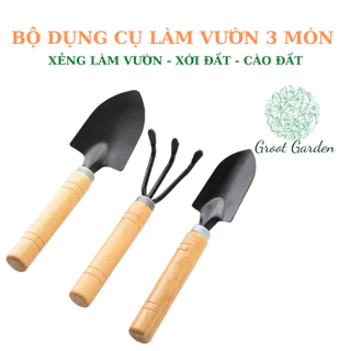 Bộ 3 Món Dụng Cụ Làm Vườn To (Xẻng Làm Vườn - Xới Đất - Cào Đất) cán gỗ