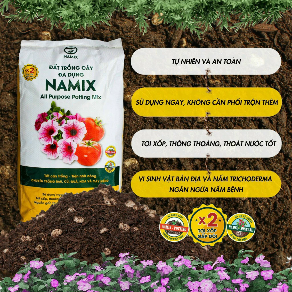 Đất trộn sẵn, Đất cao cấp chuyên trồng rau và hoa Namix bao 20dm3, Potting Mix