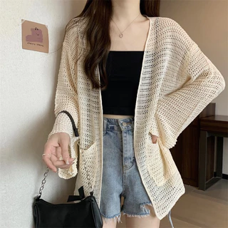 Áo Cardigan Len Mỏng Khoác Ngoài Chất Len Đanh Mùa Hè , Có Túi 2 Bên Phong Cách Hàn Quốc .