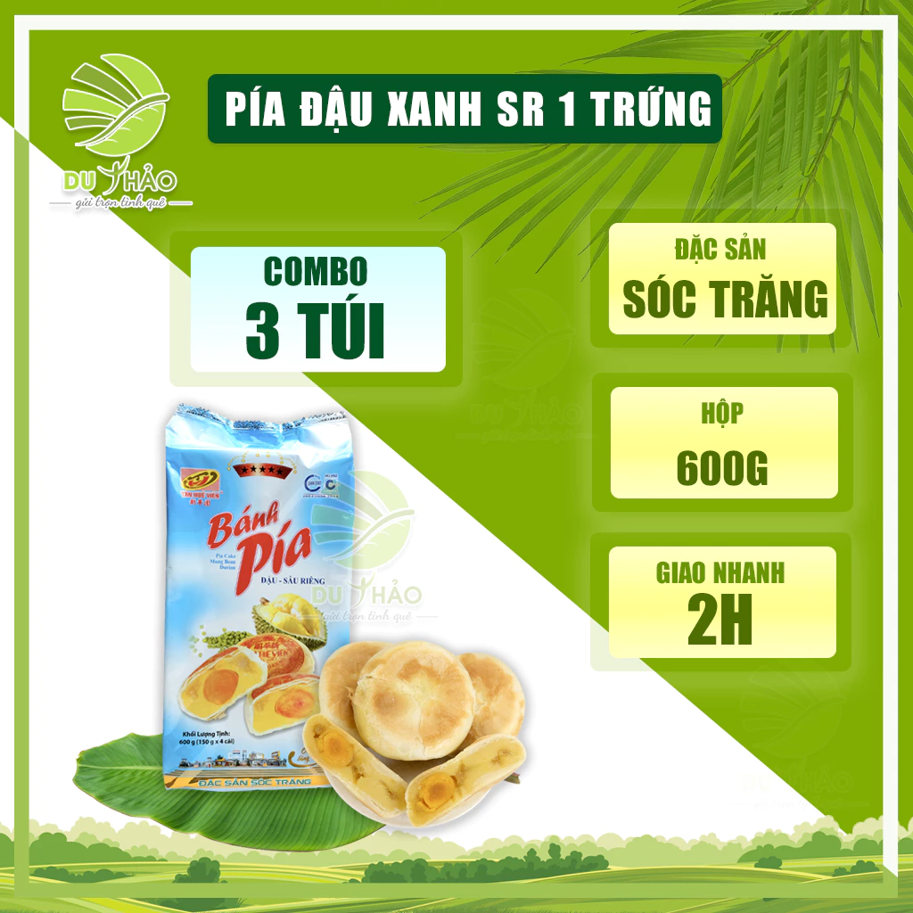Best Seller- Combo 3 gói bánh pía Tân Huê Viên đậu xanh sầu riêng trứng muối 600gr, bánh pía 5 sao, đặc sản Sóc Trăng