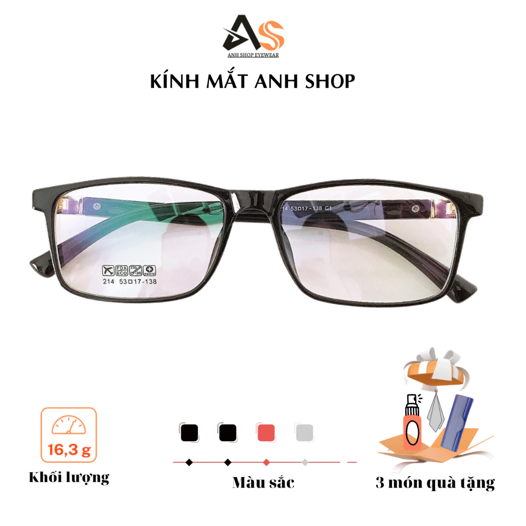 Gọng kính vuông nam nữ chất liệu nhựa dẻo dày dặn nhận cắt mắt cận viễn loạn 214A