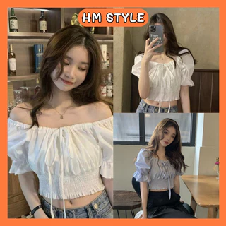 Áo croptop HM style,áo sơ mi nữ tay phồng,áo trễ vai thắt nơ ngực phong cách Hàn Quốc - mã SA125