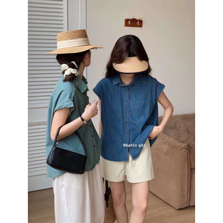 𝗟𝗔 𝗖𝗛𝗔𝗥𝗠𝗘́ | Áo Denim cộc tay hến gập túi ngực GILL 010