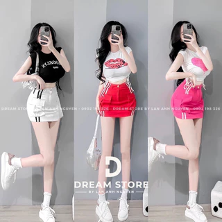 Áo thun kiểu croptop RÚT DÂY in hình MÔI + CHỮ BR + TRÁI TIM AL GB_ Chân Váy chữ A TÚI HỘP SỌC dáng ngắn UN nữ-Thiên Yết