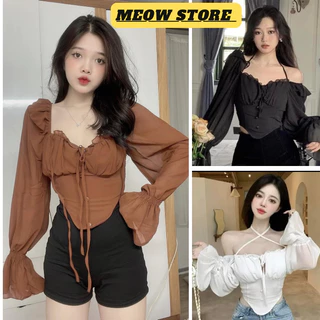 (HÌNH THẬT ) Áo kiểu trễ vai Chiffon VOAN CÁT MỎNG tay dài tiểu thư vạt nhọn tôn dáng cột dây cổ Ulzzang