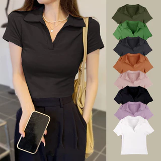 Áo Thun Croptop Polo Ngắn Tay Có Cổ Nữ Mùa Hè Madela, Croptop Polo Tay Ngắn Nữ Cổ Bẻ Co Giãn Mềm Mại