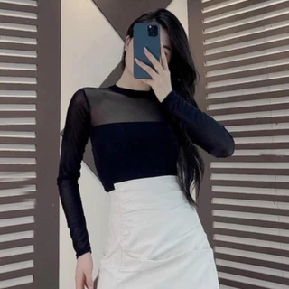 Áo croptop nữ Baree.Official tay dài phối lưới có mút ngực, Áo kiểu nữ ôm body tay lưới sexy cực chiến -ADT33-