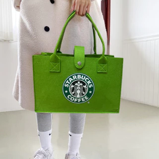 Túi tote cầm tay chất nỉ Starbucks size 30 màu xanh lá, đựng siêu thoải mái đồ đạc