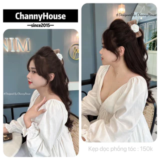 Channyhouse_Kẹp dọc phồng tóc nơ dạ viền đá hoa trà trắng cao cấp SẴN 2 MÀU