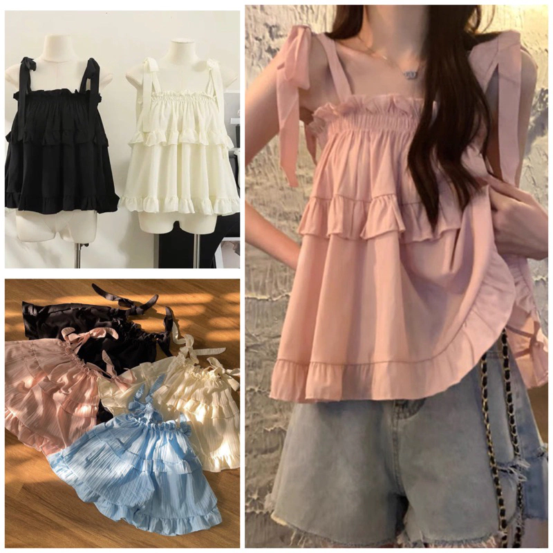 Áo babydoll buộc nơ vai thiết kế phối viền bèo 4 màu pastel nữ . Thun 2 dây kiểu dáng bánh bèo tiểu thư hotgirl