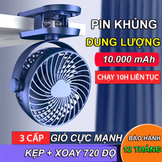 Quạt Tích Điện kẹp để bàn pin 10.000mAh sử dụng 10 giờ liên tục , Quạt Mini 3 cấp độ quay 720 độ siêu mát