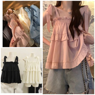 Áo babydoll buộc nơ vai thiết kế phối viền bèo 4 màu pastel nữ - Thun 2 dây kiểu dáng bánh bèo tiểu thư hotgirl