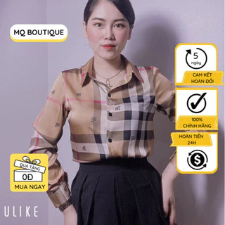 Áo sơ mi nữ lụa tay dài kẻ caro nâu cao cấp công sở áo sơ mi họa tiết bb thiết kế MQ Boutique