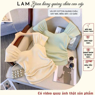 Áo croptop LAM chất liệu cotton, áo nữ quảng châu dáng ôm tay ngắn cổ vuông 4 màu thời trang