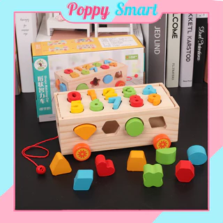 Combo Hộp đồ chơi xe gỗ thả hình khối và số đếm, xe hình nhiều màu sắc, đồ chơi gỗ cho bé phát triển trí tuệ