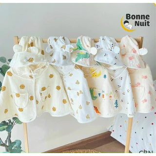 Áo choàng xô muslin tránh gió, tránh nắng kèm mũ chắn khói bụi, giọt bắn mềm mại cho bé